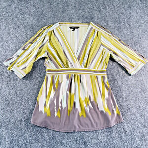 BCBG Maxazria Brushstroke Striped Faux-Wrap Top Green Blue Gray White Size S